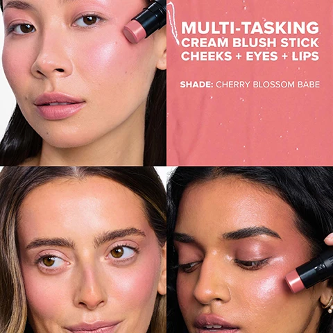 Image 1 - Image shows three women demonstrating the application of a cream blush stick on their cheeks; visible text includes MULTI-TASKING CREAM BLUSH STICK CHEEKS + EYES + LIPS SHADE: CHERRY BLOSSOM BABE.
              Image 2 - Close-up of a models face showcasing steps for applying makeup, with descriptions for cheeks, eyes, and lips on the left side and visible text reading EASY STRIPE, BLEND, GO.
              Image 3 - A stacked arrangement of cylindrical makeup containers in various colors with accompanying descriptions that highlight their benefits, including locks in hydration, moisturizing and natural antioxidant properties, skin-brightening effects, and a note about the emollient-rich complex, with visible text reading SKIN-LOVING MAKEUP THATS ALL YOU and details about the ingredients.
              Image 4 - Image shows two arms displaying swatches of various lip colors in different shades, labeled from top to bottom as follows: Lilac Love, Bohemian Rose, Rusty Rouge, Crimson Lover, Poppy Girl, Cherry Blossom Babe, Tiger Lily Queen, Sweet Peach Peony, and Sweet Cheeks.
              Image 5 - Image of several NUDESTIX makeup products with a focus on the Juicy Plump Cheeks line, featuring text that highlights features such as Easy to Blend, Long Wearing, and Fresh Color Payoff.
              Image 6 - Image shows a series of cream blush swatches divided into two sections: the left side labeled BOLD BLUSH REDS / BROWNS features shades named Sweet Cheeks, Poppy Girl, Rusty Rouge, and Crimson Lover, while the right side labeled NATURAL BLUSH CORALS / PINKS / LILAC includes shades named Sweet Peach Peony, Tiger Lily Queen, Cherry Blossom Babe, Bohemian Rose, and Lilac Love.
              Image 7 - A black tin container with a mirror lid holds a NUDESTIX all-over face color stick; visible text promotes reusing and recycling the tin and provides suggestions for storage alternatives.