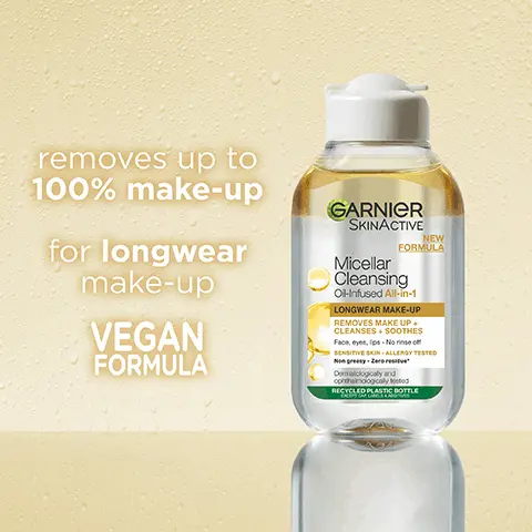 Image 1, removes up to 100% make up, for longwear makeup vegan formula. Image 2, more than 50,000 5 star reviews no1 micellar water in the UK a must have in my cleansing routine. Image 3,cruelty free international all Garnier products are officially approved by cruelty free international under the leaping bunny program Image 4, vegan formula bottle is made from recycled plastic recycled cap label and additives