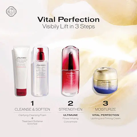 Vital Perfection Uplifting and Firming Cream. -31% SAGGING. -17% DEEP WRINKLES APPEARANCE. +16% FIRMNESS. -11% DARK SPOTS SIZE. VISIBLY LIFT, FIRM, BRIGHTEN. Clinical or instrumental test on 35 women, visual assessment at 12 weeks on 35 women, instrumental measurement at 12 weeks on 35 women. Vital Perfection Which is moisturiser is right for you. 24 HOUR MOISTURE, UPLIFTING AND FRIMING CREAM, NORMAL SKIN. DAY-TIME UV PROTECTION, UPLIFTING AND FIRMING DAY CREAM SPF 30, DRY SKIN. NIGHT-TIME REPLENISHMENT, OVERNIGHT FIRMING TREATMENT, ALL SKIN TYPES FOR OVERNIGHT REPAIR. UPLIFTING AND FIRMING CREAM ENRICHED, DRY SKIN. UPLIFTING AND FIRMING DAY CREAM SPF 30, COMBINATION SKIN. Vital Perfection Visibly Lift in 3 Steps. 1, CLEANSE & SOFTEN, Clarifying Cleansing Foam + Treatment Softener Enriched. 2, STRENGTHEN, ULTIMUNE, Power Infusing, Concentrate. 3, MOISTURIZE, VITAL PERFECTION Uplifting and Firming Cream.