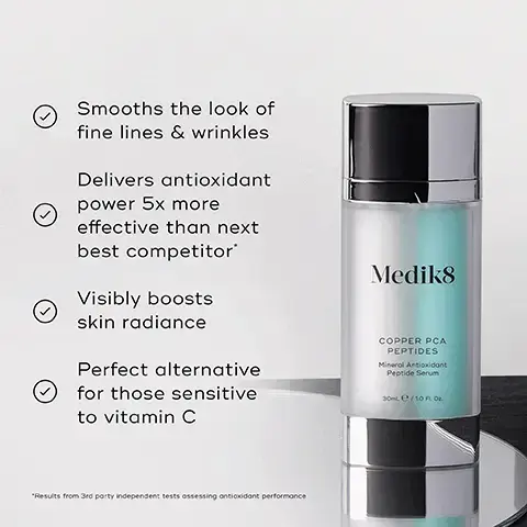 Image 1, Smooths the look of fine lines & wrinkles Delivers antioxidant power 5x more effective than next best competitor' Visibly boosts skin radiance Perfect alternative for those sensitive to vitamin C Medik8 COPPER PCA PEPTIDES Mineral Antioxidant Peptide Serum 30me/10 FL Or *Results from 3rd party independent tests assessing antioxidant performance AM PM HOW TO LAYER Mediks Mediks Mediks Mediks CLEANSE TONE ANTIOXIDANT SUNSCREEN Mediks Mediks Mediks Mediks CLEANSE ANTIOXIDANT VITAMIN A MOISTURISE. image 3, dimethylmethoxy chromanol - helps to neutralise the effects of the environment. copper PCS - shields from damaging environmental stressors. anti ageing peptide complex - helps to firm the look of ageing skin.