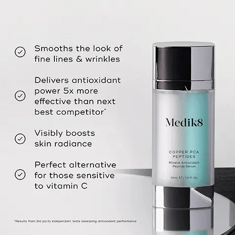 Image 1, Smooths the look of fine lines & wrinkles Delivers antioxidant power 5x more effective than next best competitor' Visibly boosts skin radiance Perfect alternative for those sensitive to vitamin C Medik8 COPPER PCA PEPTIDES Mineral Antioxidant Peptide Serum 30me/10 FL Or *Results from 3rd party independent tests assessing antioxidant performance AM PM HOW TO LAYER Mediks Mediks Mediks Mediks CLEANSE TONE ANTIOXIDANT SUNSCREEN Mediks Mediks Mediks Mediks CLEANSE ANTIOXIDANT VITAMIN A MOISTURISE
