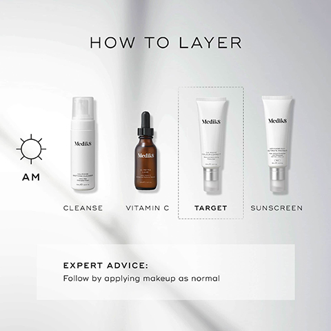 how to layer. AM = cleanse, vitamin c, target, sunscreen. expert advice - follow by applying makeup as normal