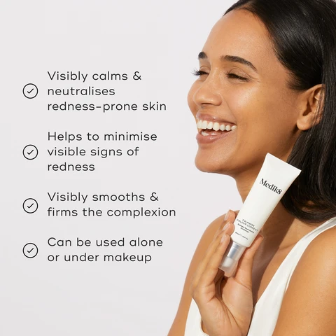 image 1, visibly calms and neutralises redness prone skin. helps to minimise visible signs of redness. visibly smooths and firms the complexion. can be used alone or under makeup. image 2, bakuchiol 0.5% - helps to smooth the look of fine lines and wrinkles. chamomile extract - helps to calm and soothe the look of skin. niacinamide - supports the skin barrier, reducing visible redness. green mineral pigments - neutralise visible skin redness. image 3, how to layer. AM = cleanse, vitamin c, target, sunscreen. expert advice - follow by applying makeup as normal