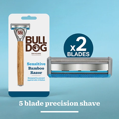 Image 3 - Image of a Bulldog Skincare Sensitive Bamboo Razor package, featuring a bamboo handle and a razor head with two blades, with text that reads Sensitive Bamboo Razor, Designed to prevent against skin irritation, and 5 blade precision shave.
              Image 4 - A person shaving their face with a razor featuring a bamboo handle, and the visible text reads responsibly sourced bamboo handle.
              Image 5 - Close-up of a razor with a silver handle and blue blade, featuring the text designed to prevent against skin irritation.
              Image 6 - A bamboo razor package is shown with a grey towel in the background, featuring text that reads Bulldog Skincare, Sensitive Bamboo Razor, Designed to prevent against skin irritation, and Recycled & Recyclable Packaging.
              Image 7 - Image shows two products from Bulldog Skincare on a light blue background: a packaging for four sensitive steel blades and a bamboo razor with a description indicating it is designed to prevent skin irritation, along with the text A quality shave responsibly crafted.