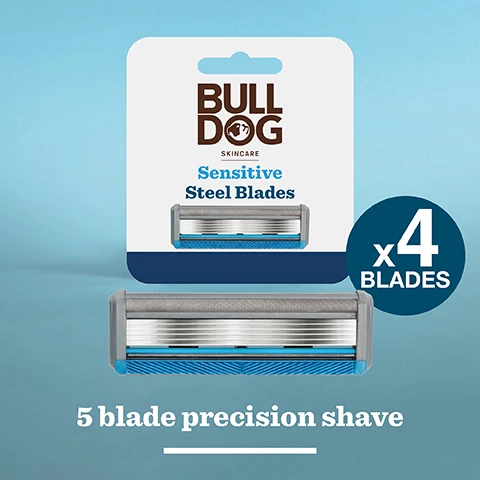 Image 2 - A package of Bulldog Skincare Sensitive Steel Blades is displayed against a light blue background, showing the product name and indicating four blades are included, with text stating 5 blade precision shave.
              Image 3 - A close-up image of a persons neck being shaved with a razor featuring a bamboo handle, with visible lather on the skin and the text Responsibly sourced bamboo handle below.
              Image 4 - A close-up of a silver razor with a blue blade and a wooden handle, featuring the text designed to prevent against skin irritation.
              Image 5 - A packaging for Bulldog Skincare Sensitive Steel Blades is displayed, featuring the product name and description, with text stating Recycled & Recyclable displayed in the background.
              Image 6 - Image shows two grooming products from Bulldog Skincare against a light blue background: a packaging for sensitive steel blades with the text Sensitive Steel Blades Designed to prevent against skin irritation and a sensitive bamboo razor with the text Sensitive Bamboo Razor Designed to prevent against skin irritation, along with the tagline A quality shave responsibly crafted.