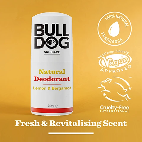 Image 2 - A white deodorant stick with the label BULLDOG Skincare Natural Deodorant Lemon & Bergamot 75ml on an orange background, featuring icons for 100% natural fragrance, vegan approval, and cruelty-free certification, with the text Fresh & Revitalising Scent at the bottom.
              Image 3 - A cut lemon displays its juicy interior alongside whole lemons and a sprig of rosemary on a bright yellow background, with visible text that reads 100% Natural Fragrances Fresh & Revitalising Scent.
              Image 4 - A person holds a stick of Bulldog Natural Deodorant, labeled with Lemon & Bergamot scent, above a bathroom sink, with visible text stating 24 Hour Protection.
              Image 5 - Two skincare products from Bulldog are displayed: a white cylindrical natural deodorant labeled with the text BULL DOG Natural Deodorant Lemon & Bergamot 75 ml and a dark brown bottle of shower gel labeled BULL DOG SKINCARE Lemon & Bergamot Shower Gel 500 ml, set against a bright yellow background with the phrase Start the Day Right below.
