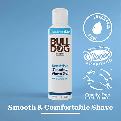 Image 2 - A bottle of Bulldog Sensitive Foaming Shave Gel is centered against a light blue background, featuring the text Powered by Air, Sensitive Foaming Shave Gel + Willow Herb, 200 ml e NET 198 g, as well as logos for vegan approval, cruelty-free certification, and the phrase Smooth & Comfortable Shave.
              Image 3 - Close-up image of dried willow herb leaves on a light background with visible text that reads 90 % Natural Origin, Unlock the true potential of natural origin ingredients, and Willow Herb.
              Image 4 - A close-up of a persons face being shaved with a razor, showing lather and the text Sensitive Skin below the image.
              Image 5 - A bottle of Bulldog Sensitive Foaming Shave Gel is placed on a light surface next to a gray towel, with the text Powered by Air above the product and Sensitive Foaming Shave Gel + Willow Herb Smooth & Comfortable Shave visible on the bottle.
              Image 6 - An image of two Bulldog Skincare products on a light blue background, featuring a can of Sensitive Foaming Shave Gel and a tube of Sensitive Aftershave Balm, with the text Smooth & Comfortable Shave displayed at the bottom.