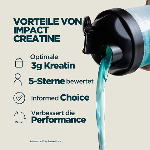 Image 1 - A hand pours blue liquid from a shaker bottle while text lists benefits including VORTEILE VON IMPACT CREATINE, Optimale 3g Kreatin, 5-Sterne bewertet, Informed Choice, Verbessert die Performance, and Basierend auf 3.4g Portion Vimto. Image 2 - The image shows a split background with a bubbly turquoise liquid on the left and a bubbly orange liquid on the right, overlaid with the text ERHÄLTLICH IN 4 LECKEREN GESCHMÄCKERN. Image 3 - A person holds a clear shaker bottle containing a light blue drink, with a green and black circular logo on the left that reads INFORMED, WE TEST • YOU TRUST, and features a large green checkmark, below which is the text CHOICE, followed by Jeden Monat werden anonyme Proben von unserer Produktionsstätte entnommen und von Dritten auf verbotene Substanzen getestet.