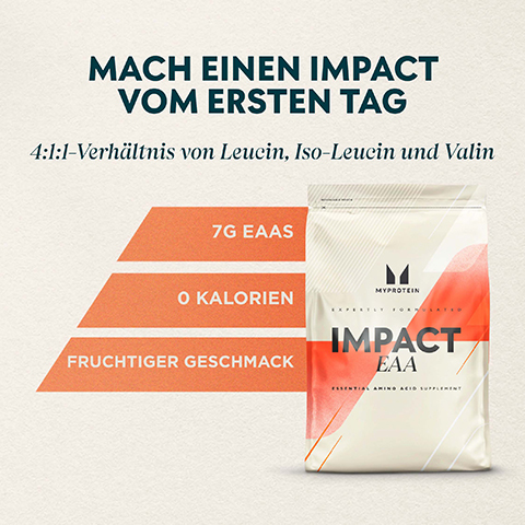 mach einen impact vom ersten tag an. 4:1:1 verhaltnis von leucin, iso leucin und valin. 6G EAAS, 0 kaorien, frchtiger geschmack