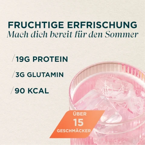 Image 1, fruchtige erfrischung, mach dich bereit fur den sommer. 19G protein. 3G glutamin. 90kacl. uber 15 geschmaker Image 2, unser saftigstes protein