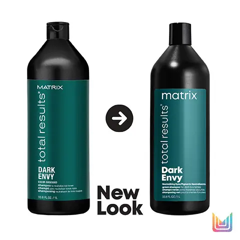 Image 1, new look. Image 2, conditioning formula, non-colour depositing conditioner. Image 3, conditioning formula, enriches both natural and coloured dark bases, non colour depositing conditioner, suitable for dark brunettes. Image 4, total results dark envy the range