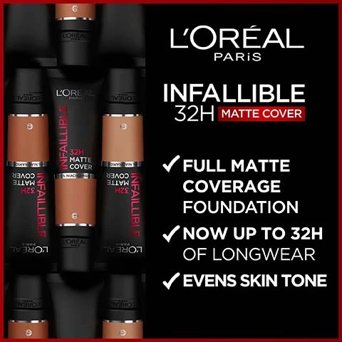 Image 1, l'oreal paris infallible 32 hour matte cover. full matte coverage foundation. now up to 32 hours of longwear, evens skin tone. Image 2, with 4% niacinamide formula helps even skin tone. 86% of women saw a more even skin tone*. *Consumer test on 165 woman on bare skin after 5 weeks of use. Image 3, 20 swatches on three different skin tones.