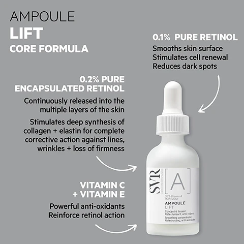 image 1, ampolue lift core formula. 0.2% pure encapsulated retinol - continuously released into the multiple layers of the skin. stimulates deep synthesis of collagen and elastin for complete corrective action against lines, wrinkles and loss of firmness. vitamin c and e - powerful anti oxidants, reinforce retinol action. 0.1% pure retinol, smooths skin surface, stimulates cell renewal, reduces dark spots. image 2, how to use - directly apply a few drops morning or night before your normal cream or mix into your cream avoiding eye contact. sensitive skin? start with use every 3 days, if tolerated well, then every 2 days building to daily use. image 3, retexturising and smoothing. proven efficacy from the 1st application. -17% skin irregularities. after 7 days +12.5% complexion uniformity. optimal tolerance - sensitive skin safe, non photosensitising, 96% ingredients of natural origin. texture - lightweight milky emulsion, highly concentrated, easily absorbed. image 4, uneven skin - smooth and refine pores, lines, wrinkles, marks and pigmentation. sensitised skin - hydrate, plump and repair dry or irritated skin. dull skin - brighten and boost tired skin that lacks radiance and glow.