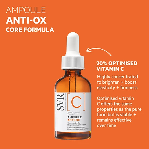 Image 1, 20% optimised vitamin c. highly concentrated to brighten and boost elasticity and firmness. optimised vitamin c offers the same properties as the pure form but is stable and remains effective over time. image 2, how to use = directly apply a few drops to face morning anf night before your normal cream or mix into your cream and apply both together. avoid eye contour. image 3, proven efficacy after 28 days - skin is revitalised, complexion is clear, fresh and tired skin is brightened. radiance boost - brightens complexion and reduces the signs of fatigue revealing toned, luminous skin. optimum tolerance - suitable for all seasons, safe for sensitive skin, non photosensitive, photostable. texture - light toning serum, instantly absorbed, mild citrus scent. tested endocrine disruptors. image 4, uneven skin - smooth and refine pores, lines, wrinkles, marks and pigmentation. sensitised skin - hydrate, plump, repair dry or irritated skin. dull skin - brighten and boost tired skin that lacks radiance and glow.