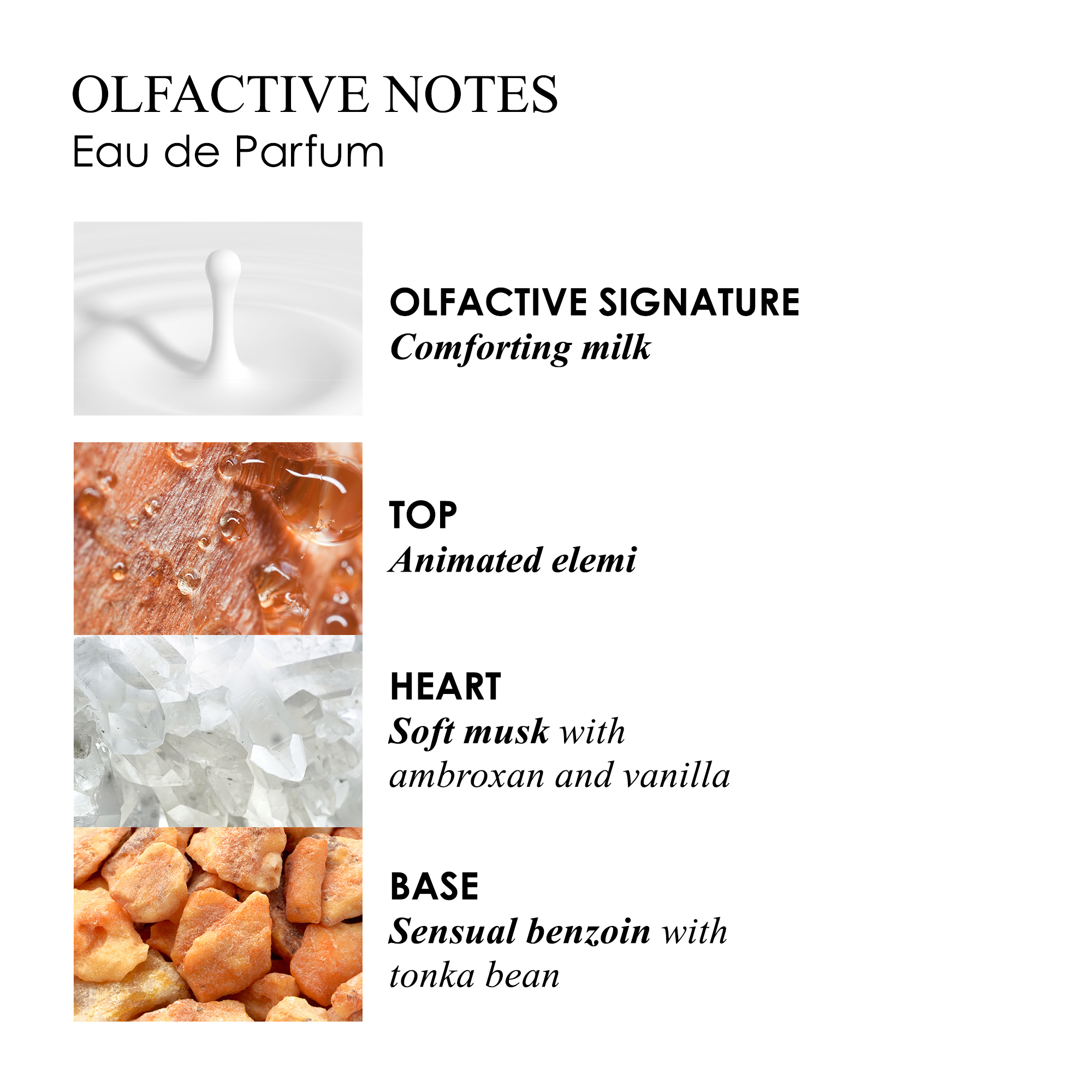 OLFACTIVE NOTES
                                  Eau de Parfum
                                  OLFACTIVE SIGNATURE
                                  Comforting milk
                                  TOP
                                  Animated elemi
                                  HEART
                                  Soft musk with
                                  ambroxan and vanilla
                                  BASE
                                  Sensual benzoin with
                                  tonka bean