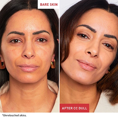 Image 1 - A woman with medium-toned skin is shown in two images side by side, one on the left labeled BARE SKIN displaying her natural face and one on the right labeled AFTER CC DULL showing her with makeup that enhances her complexion; a note at the bottom states Unretouched skins.
              Image 2 - A skincare product tube labeled Erborian CC Dull Correct is shown with bullet points highlighting its features: Violet pigments counteract yellow undertones, Centella Asiatica soothes and moisturizes, luminous lightweight finish, protects skin with SPF 25.
              Image 3 - A tube of Erborian CC Dull Correct cream is centered on a soft, pastel-colored background with various design elements, alongside descriptions of its benefits, including violet encapsulated pigments that neutralize yellow tones, Centella Asiatica which soothes the skin, and SPF 25 for protection, with the visible text stating FORMULATED BY KOREAN EXPERTS.
              Image 4 - An infographic comparing four types of CC creams, featuring tubes labeled CC Classic, CC Water, CC Red Correct, and CC Dull Correct, with descriptions of their benefits, including light coverage, ultra-light coverage, and more, along with text on their suitability for different skin tones.