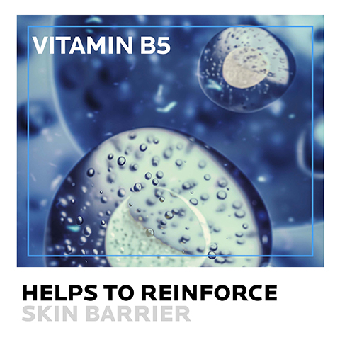 Image 1 - An abstract image featuring blue and white spheres with droplets of water, accompanied by the text Vitamin B5 helps to reinforce skin barrier.