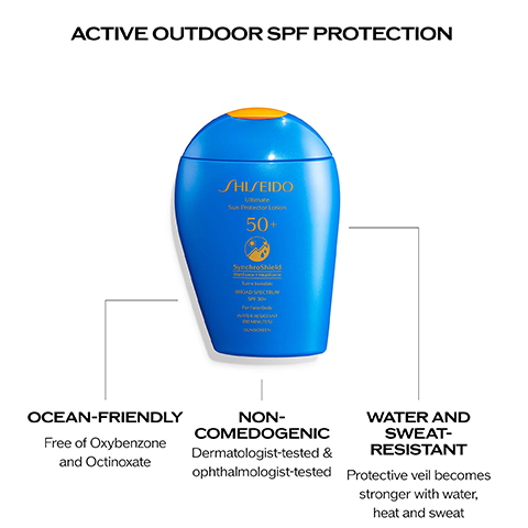 ACTIVE OUTDOOR SPF PROTECTION SHISEIDO Utinate Sun Protector Loc 50+ SynchroShield OCEAN-FRIENDLY Free of Oxybenzone and Octinoxate NON- COMEDOGENIC Dermatologist-tested & ophthalmologist-tested WATER AND SWEAT- RESISTANT Protective veil becomes stronger with water, heat and sweat