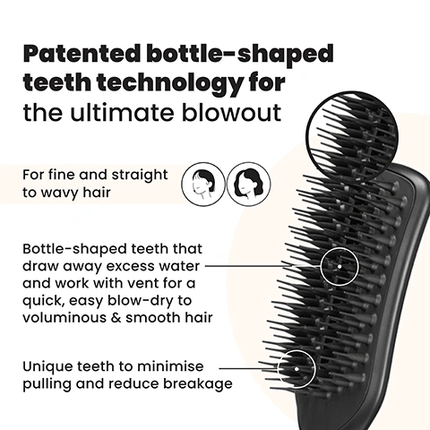 Image 1 - A promotional image displays a black hairbrush with bottle-shaped bristles and explanatory text, stating Patented bottle-shaped teeth technology for the ultimate blowout, For fine and straight to wavy hair, Bottle-shaped teeth that draw away excess water and work with vent for a quick, easy blow-dry to voluminous & smooth hair, and Unique teeth to minimise pulling and reduce breakage. Image 2 - A smiling woman in a white bathrobe brushes her wet blonde hair with a black vented paddle brush while a hairdryer nozzle points at it, with the text The Ultimate Blow-Dry for fine and straight to wavy hair. Image 3 - A black hairbrush is shown with five features listed next to icons: Quick & easy blow-drying, Unique teeth to minimise pulling & reduce breakage, Smooth and voluminous hair, Lightweight and easy to use, Slim handle with grip. Image 4 - A split image shows a womans back with her hair styled in two ways: on the left, wavy and frizzy hair is labeled BEFORE, and on the right, sleek and straight hair is labeled AFTER; text overlaid reads 81% agree it is easy to create a sleek style using the brush*, 77% agree it works without pulling, tugging or creating tangles*, and *97 UK respondents aged 16-35 after 2 weeks (2019). Image 5 - The image shows two hairbrushes, a smaller black paddle brush on the left for fine or straight-wavy hair, 22cm tall and 6.9cm wide, and a larger outline of a paddle brush on the right for curly-coily hair, 23.9cm tall and 8.9cm wide, along with the text THE ULTIMATE BLOW-DRY Fine Straight - Wavy For the Ultimate Blow-Dry THE ULTIMATE BLOW-DRY LARGE Curly - Coily 22cm 6.9cm 23.9cm 8.9cm.