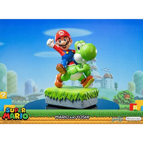 Gif showing the figure from multiple angles in a continuous loop. Text on the images reads Super Mario. Mario and Yoshi. Nintendo