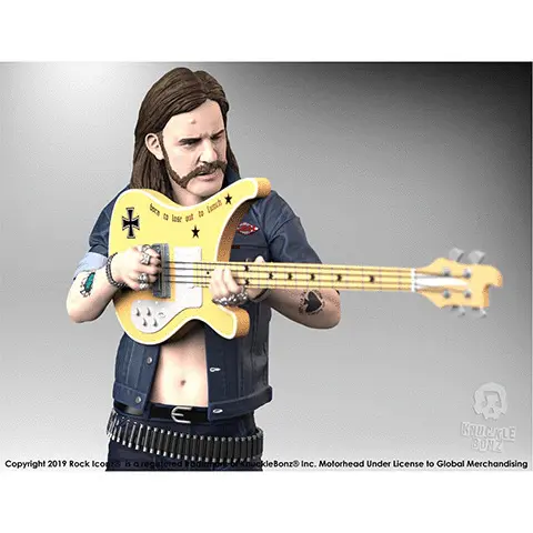 Gif showing the model of Lemmy from multiple angles. Text on the images reads, Knucklebonz. Copyright 2019 rock Iconz is registered trademark of knucklebonz inc. Motorhead under license to global merchandising