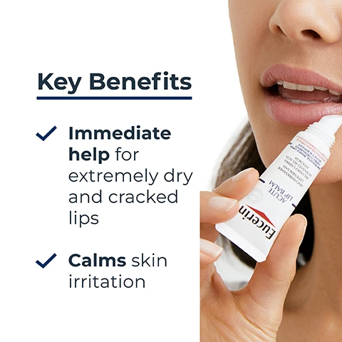 Image 3 - A close-up image of a woman applying a lip treatment to her lips, with text on the left listing key benefits: Immediate help for extremely dry and cracked lips and Calms skin irritation.
              Image 4 - A hand holds a tube of Eucerin Aquaphor Lip Balm, with text alongside it stating very dry, chapped lips, calming, and for lips.
              Image 5 - A white cream-like substance is shown on a flat surface, with labels pointing to three ingredients: Dexpanthenol, Glycerol, and Licocalcone A.
              Image 6 - An image featuring a blue background with a light gradient, displaying the text Clinically proven, and below it, the statement Reduces lips dryness, itchiness and burning, followed by a small note stating *Contained usage study with woman aged 18-75.
              Image 7 - Image shows three skincare products arranged vertically with the labels 1 LIP CARE, 2 DAY CREAM, and 3 NIGHT CREAM, and the text Recommended Routine at the top..