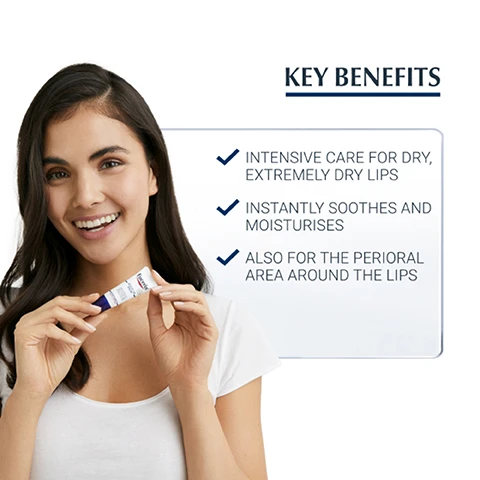 Image 1 - A woman with long dark hair smiles while holding a lip care product in her hand, next to a list of key benefits that includes intensive care for dry, extremely dry lips, instantly soothes and moisturises, and also for the perioral area around the lips.
              Image 2 - A hand holding a tube of Eucerin Acute Lip Balm is on the left, with text on the right reading DRY / VERY DRY and FOR LIPS.
              Image 3 - Image shows three skincare products from Eucerin: a blue bottle of shower foam labeled UreaRepair PLUS, a white bottle of 10% Urea Lotion, and a small white tube of 5% Urea Hand Cream, with the text DISCOVER MORE at the top.
              Image 4 - A smooth, white cream is shown with labels pointing to its ingredients: Dexpanthenol, Glycerol, and Licocalcone A.
              Image 5 - Image features a blue background with text stating Clinically proven, followed by Reduced lips dryness, itchiness and burning, and a note at the bottom specifying *Controlled usage study with woman aged 18-75.