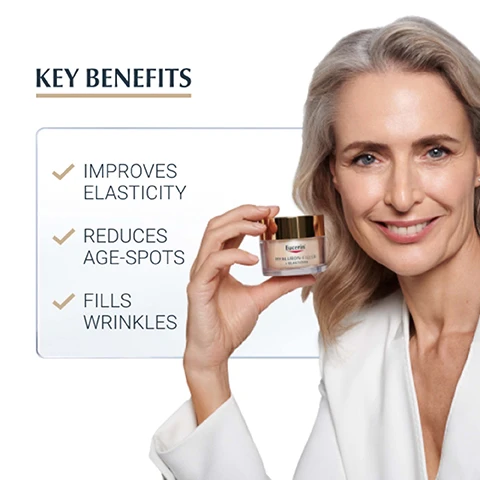 Image 1, key benefits, improves elasticity, reduces age spots, fills wrinkles. image 2, day, anti-age, ultra light texture. image 3, clinically proven results 99% confirm improves elasticity. product in use test with 120 volunteers after 4 weeks application. image 4, recommended routine. 1 = 3D seurm, 2 = day cream, 3 = night cream.