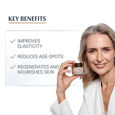 Image 1 - A woman with gray hair wearing a white blazer is smiling and holding a jar of Eucerin skin cream, with a list of key benefits beside her that reads: improves elasticity, reduces age-spots, regenerates and nourishes skin.
              Image 2 - A hand holds a jar of Eucerin Hyaluron-Filler Elasticity cream, with text on the right side stating NIGHT, ALL SKIN TYPES, and NON-COMEDOGENIC.
              Image 3 - Image shows a soft-focus background with bubbles and a large centered text block stating CLINICALLY PROVEN RESULTS, 97%, CONFIRM:*, and NOURISHES INTENSIVELY OVERNIGHT, followed by a smaller note about a product-in-use test with 120 volunteers and results after 4 weeks application.
              Image 4 - Image shows a skincare routine with three products: a serum labeled 3D Serum on the left, a day cream in the center, and a night cream on the right, all featuring the Eucerin brand, with the header RECOMMENDED ROUTINE above and numbers 1, 2, and 3 indicating the order of application.
              Image 5 - Image of a creamy, white skincare product with text highlighting key ingredients: COLLAGEN-ELASTIN COMPLEX: Re-energies collagen production and increases skins elasticity; PATENTED THIAMIDOL: Reduces age-spots and prevents their appearance; ARGAN OIL: Rich in caring lipids, help to regenerate and intensively nourish.