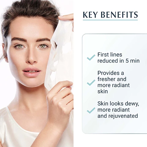 Image 1, key benefits - first lines reduced in 5 minutes, provides a fresher and more radiant skin, skin looks dewy, more radiant and rejuvenated. image 3, how to apply the mask? 1 = cleanse and dry your face, 2 = open and unfold the mask, 3 = there are two blue sheets that protect the mask on both sides, remove the blue sheet on the side of the mask that you will apply to your face. 4 = apply the mask using your fingers to even it out on your face. 5 = remove the remaining blue sheet. 6 = leave on for 5 minutes. 7 = gently remove the mask and discard, massage any remaining serum into your skin. avoid direct contact with your eyes. image 4, 99% of women said the products makes my skin look fresher. product in use study with 60 women aged 25-40. image 5, key ingredients - hyaluronic acid refines first lines. biocellulose high fluid retention and biodegradable. image 6, recommended routine. 1 = cleansing with hyaluron filler say SPF 30. 2 = special treatment = hyaluron filler eye SPF 15. 3 = night care with hyaluron filler night.