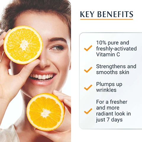 Image 1, key benefits = 10% pure and freshly activated vitamin c, strengthens and smooths skin, plumps up wrinkles, for a fresher and more radiant look in just 7 days. image 2, how to use press the soft button, shake, twist cap and boost. image 3, how to use = morning and night. remove foil, press soft button 2 or 3 times to release the vitamin c, shake for 10 seconds, twist to remove cap, press the soft button again to release the formula and apply to your face. for all skin types. image 4, key ingredients - 10% pure and freshly activated vitamin c for radiant skin. licochalone a neutralise free radicals. hyaluronic acid refines first lines. image 5, recommended routine. 1 = special care hyaluron filler day SPF 30, 2 = special treatment hyaluron filler eye SPF 15, 3 = care hyaluron filler night.