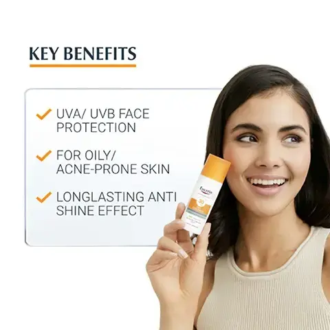 Image 1, key benefits - UVA/UVB face protection, for oily acne prone skin, long lasting anti shine effect. image 2, face, anti-shine, ultra light texture. image 3, LICOCHALCONE A GLYCRRHETINIC ACID L-CARNITINE AND LIPID ABSORBING MICROPARTICLES image 4, 94% confirm dry, matte finish. product in use study with 158 women with combination oily and acne prone skin.