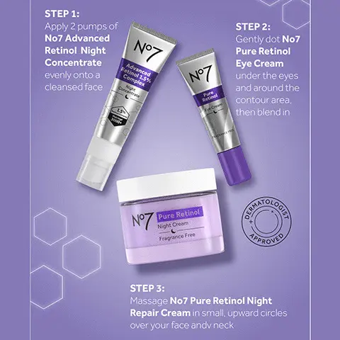 WITH
              PURE
              RETINOL
              A GOLD
              STANDARD
              INGREDIENT DUE TO ITS
              N°7
              TRANFORMATIVE
              EFFECTS ON SKIN
              Pure Retinol
              Night Cream
              Fragrance Free
              20
              Pure
              etinol
              Cream
              RANCE FREE. STEP 1:
              Apply 2 pumps of No7 Advanced Retinol Night Concentrate
              evenly onto a
              cleansed face
              N°7
              Advanced Retinol 1.5% Complex
              Night
              Concentrate
              1.5% Retinol Complex Matrixyl 3000+
              N°7
              Pure Retinol Eye Cream
              FRAGRANCE FREE
              STEP 2:
              Gently dot No7
              Pure Retinol
              Eye Cream under the eyes
              and around the contour area,
              then blend in
              N°7
              Pure Retinol Night Cream
              Fragrance Free
              ERMATOLOGIA
              APPROVED
              STEP 3:
              Massage No7 Pure Retinol Night Repair Cream in small, upward circles over your face andv neck