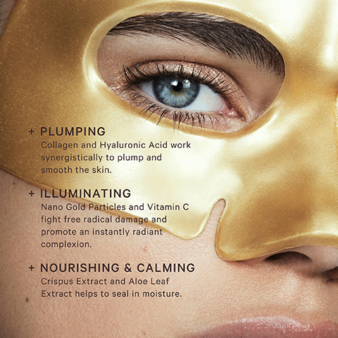 + PLUMPING Collagen and Hyaluronic Acid work synergistically to plump and smooth the skin. ILLUMINATING Nano Gold Particles and Vitamin C fight free radical damage and promote an instantly radiant complexion. NOURISHING & CALMING Crispus Extract and Aloe Leaf
              Extract helps to seal in moisture.