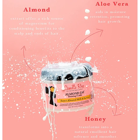 almond extract offers a rich source of magnesium for conditioning benefits to the scalp and ends of hair. aloe vera aids in moisture retention, promoting hair growth. honey transforms into a natural emollient hair softener and smoother.