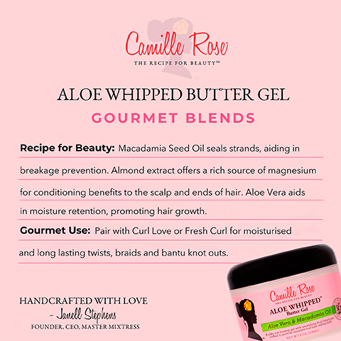 Image 1 - Aloe Whipped Butter Gel product advertisement featuring a pink background with the product description, key ingredients like macadamia seed oil and aloe vera, and usage recommendations for moisturizing and styling hair. The text includes HANDCRAFTED WITH LOVE - Janell Stephens FOUNDER, CEO, MASTER MIXTRESS.