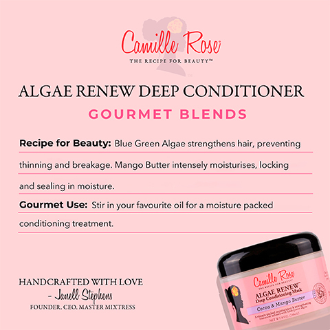 Image 1 - A pink background features the text ALGAE RENEW DEEP CONDITIONER GOURMET BLENDS with recipe benefits highlighting Blue Green Algae and Mango Butter, followed by Gourmet Use: Stir in your favourite oil for a moisture packed conditioning treatment, and includes HANDCRAFTED WITH LOVE - Janell Stephens FOUNDER. CEO. MASTER MIXTRESS alongside an image of the product jar.