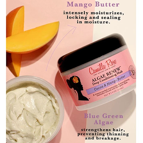 mango butter intensely moisturises, locking and sealing in moisture. blue green algae strengthens hair, preventing thinning and breakage.