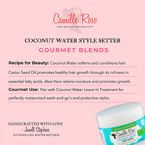 Image 1 - A promotional image for Camille Rose brand featuring the text Coconut Water Style Setter Gourmet Blends on a pink background, with descriptions of the beauty recipe and gourmet use, and a jar of the product in the bottom right corner, along with the text Handcrafted with Love - Janell Stephens Founder, CEO, Master Mixtress.