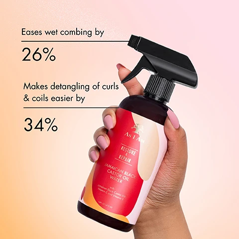 Image 1 - A hand holding a spray bottle labeled As I Am Restore & Repair Jamaican Black Castor Oil Water with text stating Eases wet combing by 26% and Makes detangling of curls & coils easier by 34%.
              Image 2 - A spray bottle labeled As I Am Restore & Repair Jamaican Black Castor Oil Water on a pink background, highlighting benefits with text stating it improves moisture by 20%, tensile strength by 7%, and reduces breakage by 95%.