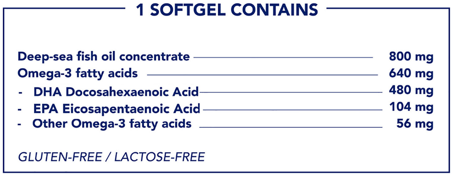 1 SOFTGEL CONTAINS
                          Deep-sea fish oil concentrate 800 mg
                          Omega-3 fatty acids 640 mg
                          DHA Docosahexaenoic Acid 480 mg
                          EPA Eicosapentaenoic Acid 104 mg
                          Other Omega-3 fatty acids 56 mg
                          GLUTEN-FREE/ LACTOSE-FREE
                          
