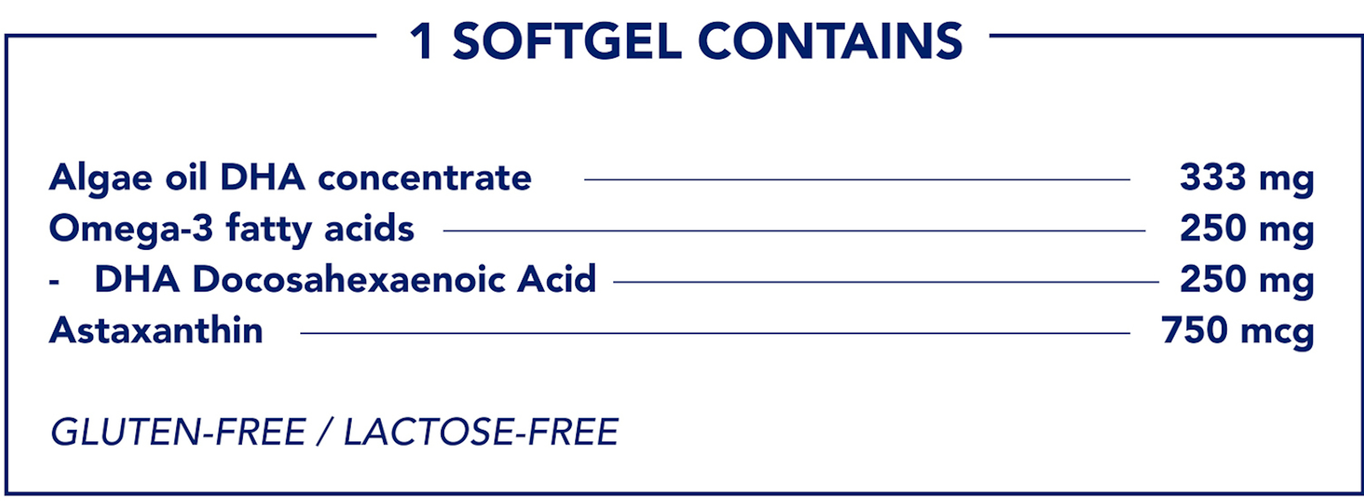 1 SOFTGEL CONTAINS:Algae oil DHA concentrate 333 mgOmega-3 fatty acids 250 mgDHA Docosahexaenoic Acid 250 mgAstaxanthin 750 mcgGLUTEN-FREE / LACTOSE-FREE