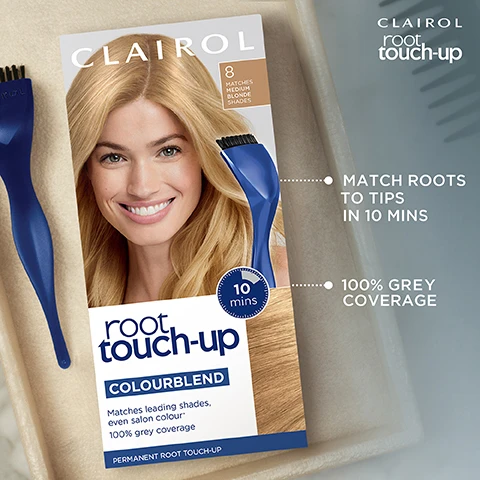 image 1, match roots to tips in 10 minutes. 100% grey coverage. image 2, seamlessly blends roots in 10 minutes. image 3, what's in the box. permanent colour cream. activator. bowl. brush. image 4, step 1 = mix. step 2 = brush. step 3 = rinse. and then dry. image 5, before and after. image 6, bye bye grey. blend roots in 10 minutes.