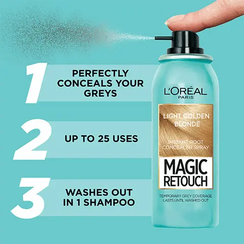 Image 1, Product shade- Light Golden Blonde 1. Perfectly conceals your greys 2. Up to 25 uses 3. Washes out in 1 shampoo Image 2, Before and After shot, 3, 2 ,1 roots gone Image 3, an image showing the products in the range. Text- available in 10 shades