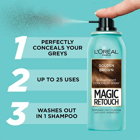 Image 1, Product shade- Golden Brown 1. Perfectly conceals your greys 2. Up to 25 uses 3. Washes out in 1 shampoo Image 2, Before and After shot, 3, 2 ,1 roots gone Image 3, an image showing the products in the range. Text- available in 10 shades