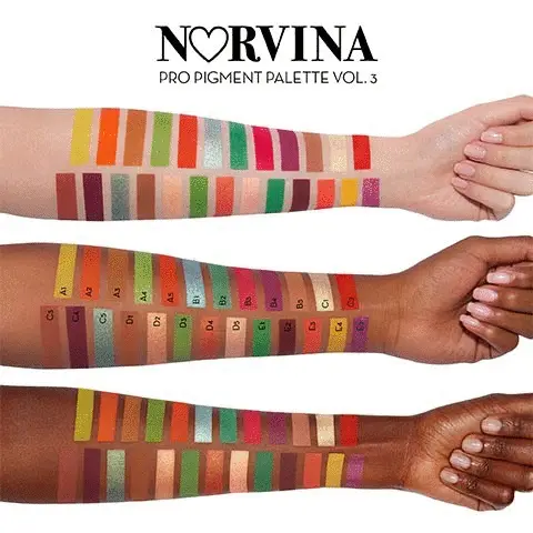 Norvina pro pigment volume 3. The image shows three arms each is holding the palette. Each arm has coloured shades on it that are name via a letter and number: A1, A2, A3, A4, A5, B1, B2, B3, B4, B5, C1, C2, C3, C4, C5, D1, D2, D3, D4, D5, E1, E2, E3, E4 and E5.  