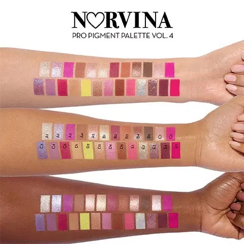 Norvina pro pigment volume 4. The image shows three arms and each. Each arm has coloured shades on it that are name via a letter and number: A1, A2, A3, A4, A5, B1, B2, B3, B4, B5, C1, C2, C3, C4, C5, D1, D2, D3, D4, D5, E1, E2, E3, E4 and E5.
