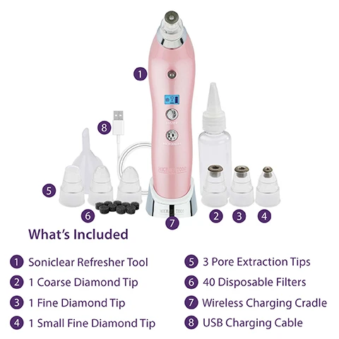 Image 1, what's included: 1 = soniclear refresher tool. 2 = 1 coarse diamond tip, 3 = 1 fine diamond tip, 4 = 1 small fine diamond tip. 5 = 3 pore extraction tips, 6 = 40 disposable filters. 7 = wireless charging cradle. 8 = USB charging cable. image 2, 8 inches tall. diminish appearance of blemishes, fade dark spots, minimize wrinkles, reduce pore size. image 3, professional grade diamond tips. ergonomic handle, micro mist button, patented motor design, battery power indicator, 3 speed settings, on and off power switch. image 4, reservior (back of device) wet/dry micro mist, state of the art optional wet setting to be used during or after the mucrodermabrasion treatment. a very fine mist dosing the skin to provide extrat gentle skin rejuvenation and to infuse soothing hydration into post-treatment skin. image 5, 92% saw improved skin tone and texture. 77% said skin felt more firmed and toned. 71% saw reduced appearance of fine lines and wrinkles. image 6, sonic refresher before and after 1 treatment.