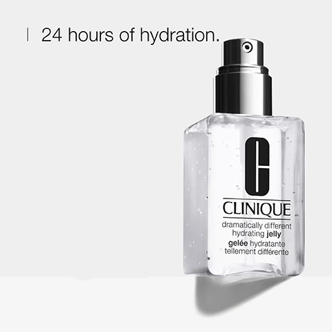 Image 1 - A clear square bottle of Clinique Dramatically Different Hydrating Jelly with a silver pump dispenser is shown on a light background, with text reading | 24 hours of hydration. CLINIQUE dramatically different hydrating jelly gelée hydratante tellement différente. Image 2 - A clear, viscous gel with some bubbles on a white surface, with text that reads Hyaluronic acid helps hydrate the skin. Image 3 - A close-up shows a person with brown skin applying a clear, gel-like product to their cheek with a hand that has light-colored polished nails. Image 4 - The image shows a clear gel-like substance with bubbles, featuring an icon of two water drops next to the word hydrate and an icon of a dumbbell next to the word strengthen. Image 5 - A yellow image displays a list of five items marked with an x, indicating what a product is free of: Free of fragrance, oil, drying alcohol, sodium lauryl sulfate, sodium laureth sulfate.
