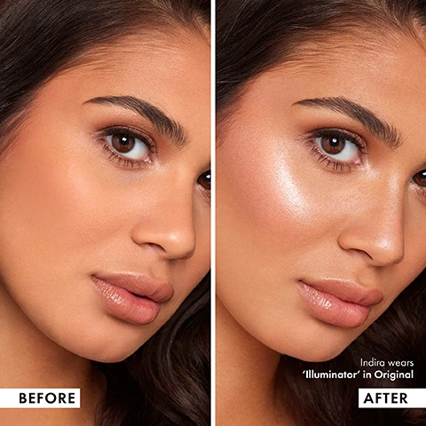 Image 1 - Image shows a side-by-side comparison of a womans face before and after makeup application, with the left labeled BEFORE and the right labeled AFTER, and visible text stating Indira wears Illuminator in Original.
              Image 2 - An image featuring a bottle of ICONIC London Illuminator with a gold background, alongside three portraits of women showcasing different makeup looks labeled as Original, Blush, and Glow.
              Image 3 - Image shows two arms displayed side by side with swatches of highlighter in different shades labeled as Shine, Original, Blush, and Glow.